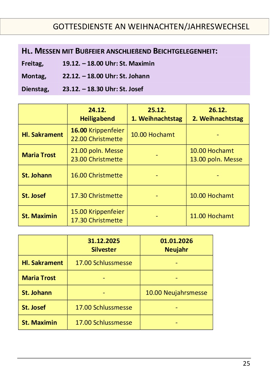 Gottesdienste an Weihnachten und Jahreswechsel